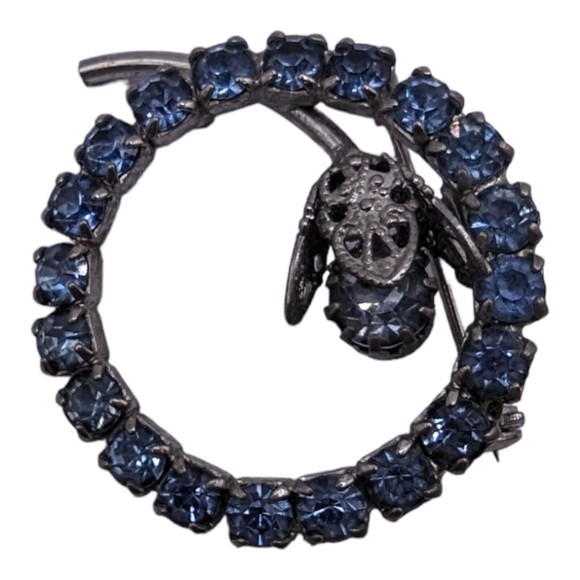 Vtg Light Icy Blue Rhinestone Circular Brooch Pin Baby Sky Blue Flower Center - Picture 3 of 6